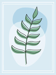 Drawing of green leaf on pastel blue background