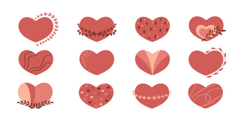 Zestaw dwunastu czerwonych serc - kolekcja płaskich ilustracji w stylu boho. Proste elementy do projektów - serce, miłość, walentynka, ślub, zdrowie, troska.	