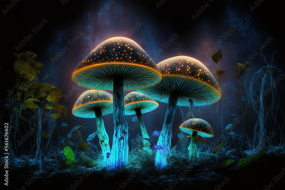 Poster mushroom. close-up of mystical lighting mushrooms in a forested fantasy setting generative ai