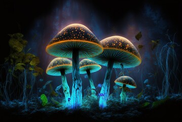 Mushroom. Close-up of mystical lighting mushrooms in a forested fantasy setting Generative AI