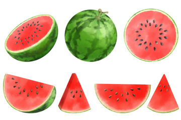 水彩で表現したスイカのイラストセット／watermelon illustration set expressed in watercolor - obrazy, fototapety, plakaty