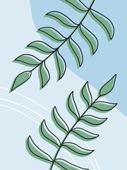 Drawing of green leaves on pastel blue background