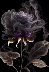 Beautiful Valentine rose flower with a soft fairy tale fog and smoke. Abstract romantic black rose flower.