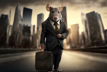 rat wearing a business suit and holding a briefcase, standing confidently in front of a city skyline (AI Generated)