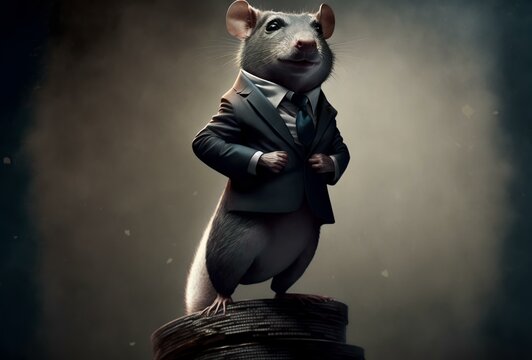 rat wearing a suit and tie, standing on top of a stack of money (AI Generated)