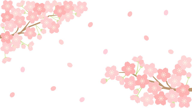 桜と桜の花びらが舞い散る春に使えるイラスト　アスペクト比16：9バージョン