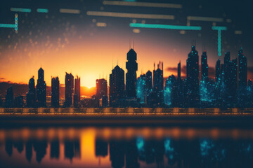 Obraz premium City skyline with network data conection on bokeh sunset background. Technology internet and business concept. Generative AI