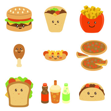 icon bundle of cute flat design fast food burrito burger burrito france fries fried chicken hot dog pizza sandwich taco soft drink and cola