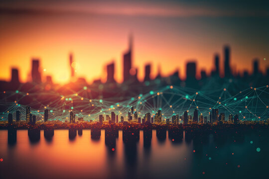 City skyline with network data conection on bokeh sunset background. Technology internet and business concept. Generative AI