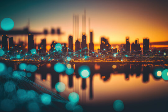 City skyline with network data conection on bokeh sunset background. Technology internet and business concept. Generative AI