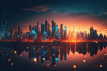 City skyline with network data conection on bokeh sunset background. Technology internet and business concept. Generative AI