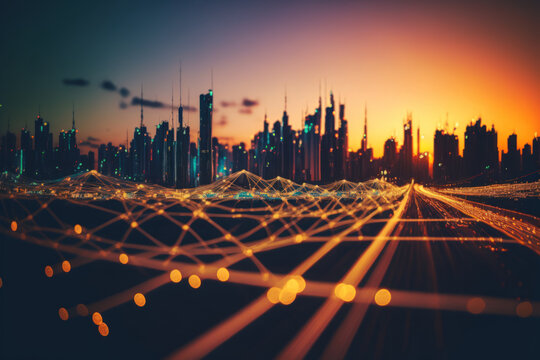 City skyline with network data conection on bokeh sunset background. Technology internet and business concept. Generative AI