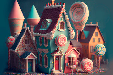 Candy house. Candy town. Candy world. AI generation
