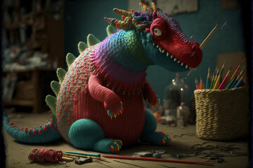 Obraz premium Knitted dragon toy. AI generation