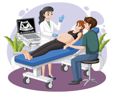 pregnant woman ultrasound scan with doctor and husband clip art preview