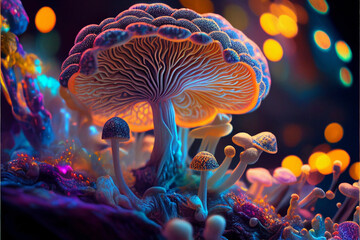 Obraz premium Magic mushroom in the night representing psychedelic experience. Generative AI