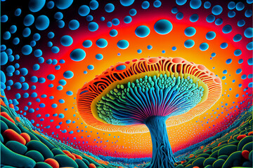 Magic mushroom in the night representing psychedelic experience. Generative AI