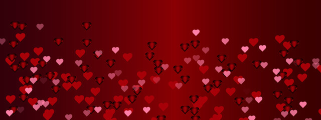 Beautiful pink, red hearts confetti falling down isolated on red background.Abstract festive hearts background. Holiday concept and celebration background. Heart shapes overlay background.