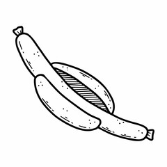 Hot dog. German sausage for beer with bun. Vector doodle illustration. Hand drawn sketch.