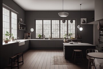 Fototapeta na wymiar Mid Century Modern Kitchen Interior with Home Decor Made with Generative AI