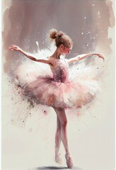 ballerina in a pink tutu in motion splash of color invitation, card, poster watercolor, generative ai
