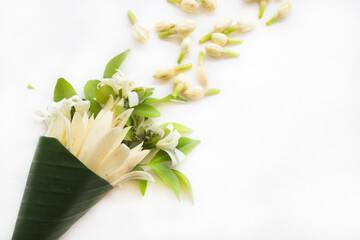 white flowers jasmine, champaka local flora of asia arrangement in banana leaf cone flat lay postcard style on background white 