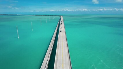 Aerial View of Long bridge over the ocean in the Florida keys