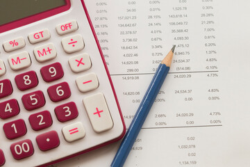 calculator, statement balance sheet accounting for business work arrangement flat lay style on background white 