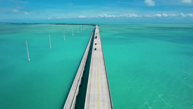 Aerial View of Long bridge over the ocean in the Florida keys