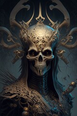 Terrifying evil bone necromancer overlord, ruler of the undead abyss with unholy powers to resurrect skeleton armies - Generative AI illustration.