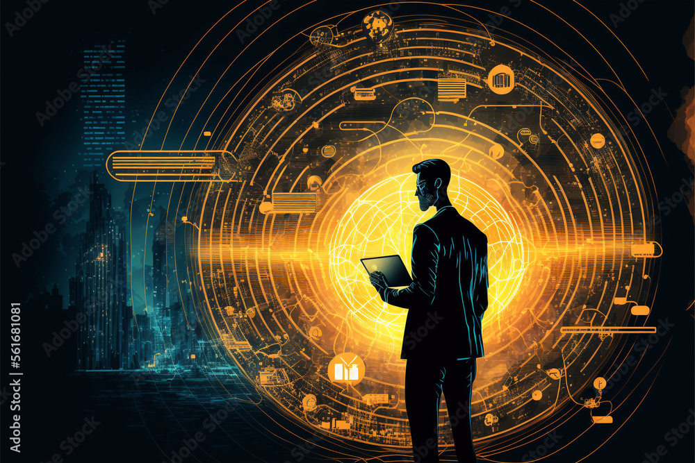 Poster internet network connection, big data, digital marketing iot internet of things. man using modern co