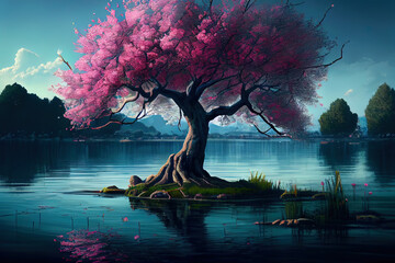 Cherry blossom tree in the lake beautiful tree
