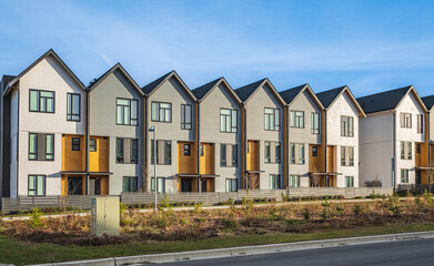 New residential townhouses. Modern apartment buildings in British Columbia Canada. Modern complex of apartment buildings