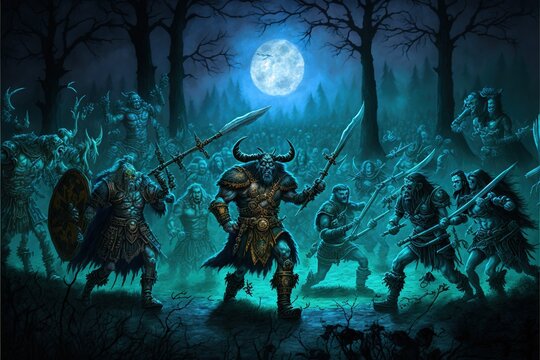Ferocious battle of night elves and orcs. Digital art style, illustration painting, fantasy concept of a Ferocious battle
