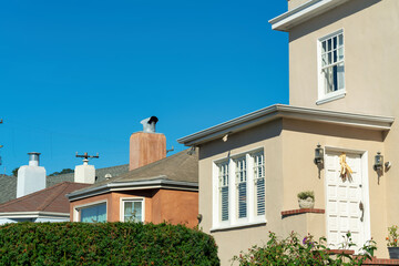 Row of house detail facades with front or back door visible on brown stuco house with white accents and orange building