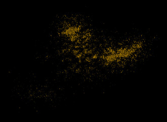 Fototapeta na wymiar Dust sand cloud with stones and flying dusty particles isolated on black background. Royalty high-quality free stock image of Desert sandstorm. Abstract Yellow colored sand splash throwing in Air