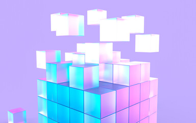幻想的な光に照らされた積み上げられるキューブの3Dイラストレーション