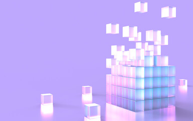 幻想的な光に照らされた積み上げられるキューブの3Dイラストレーション