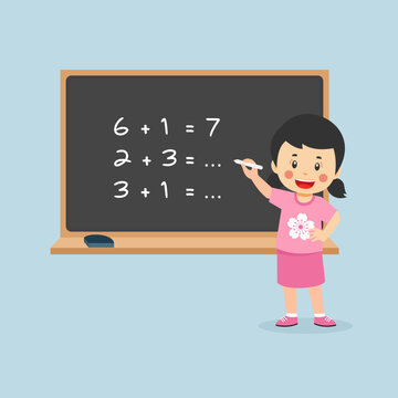 Little Girl Solving Math Problem Blackboard