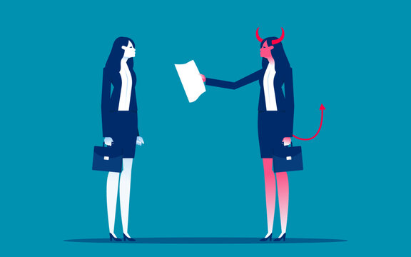 Devil and businessman. Business evil contract vector illustration