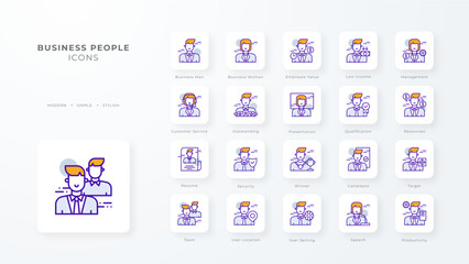 Business people icon collection with purple and orange duotone style. Corporate, currency, database, development, discover, document, e commerce. Vector illustration