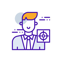 Target business people icon with purple and orange duotone style. Goal, concept, idea, solution, marketing, arrow, competition. Vector illustration