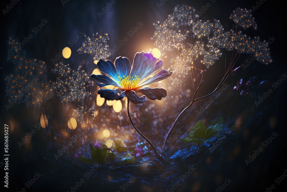 Poster photograph of a flower and a firefly, both abstract and enchanted generative ai