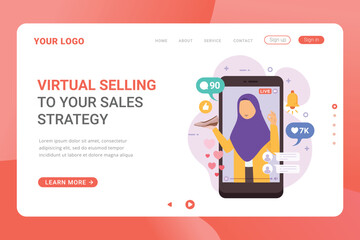 Selling product on live stream landing page template. Woman review or selling her product through live streaming