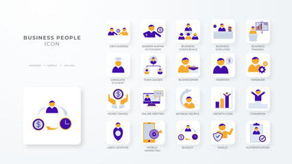 Business people icon collection with purple orange outline style. person, businessman, team, teamwork, manager, set, symbol. Vector Illustration