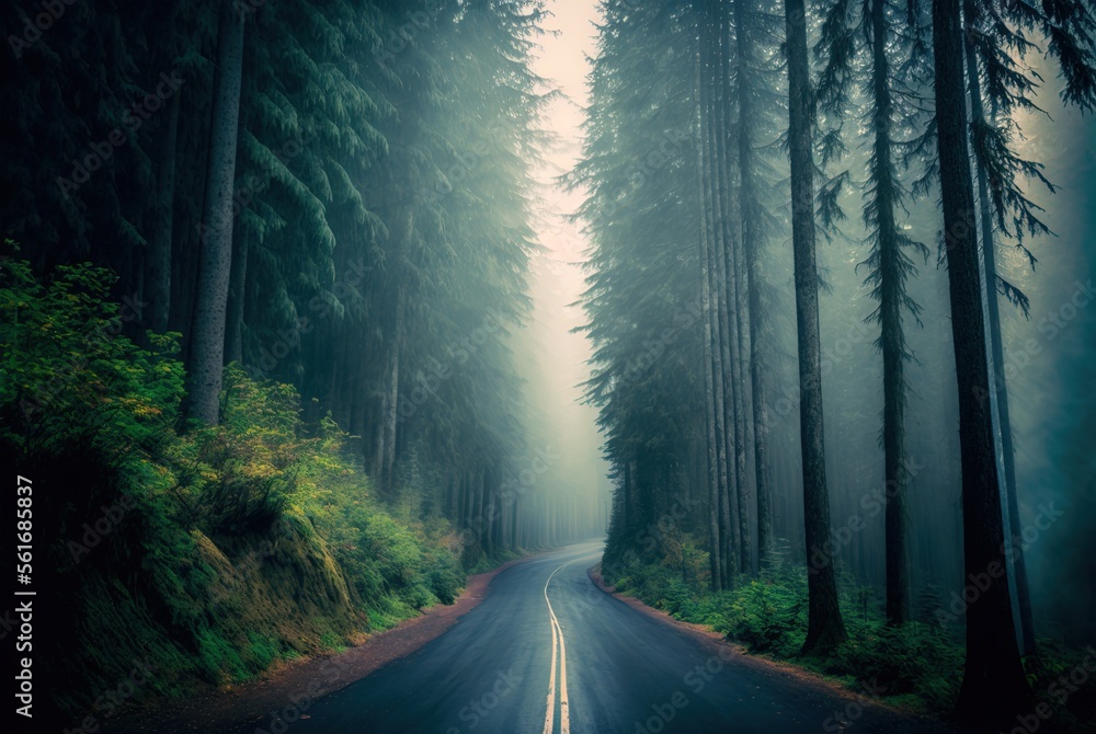 Poster a lonely path that winds its way through the misty trees generative ai