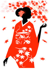 着物を着た女性のシルエットと紅葉