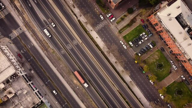 Industrial logistics trucks traffic at Paseo del Bajo highway Buenos Aires