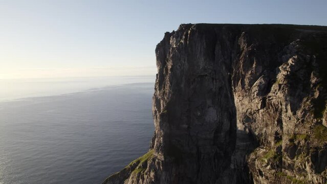 Aerial Shot Of Highrise Ryten Rocky Peak In Beautiful Seascape View, Kvalvika Beach