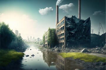 Pollution and Contamination Against Nature and Planet Sustainability, Showing the Damage That Cities causes to Earth with Garbage, Residual, Toxic Trash, Killing Grass, Trees, and Animals Around it